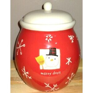 Christmas Hallmark Merry Days Cookie Jar Canister Red White Snowman Snowflake